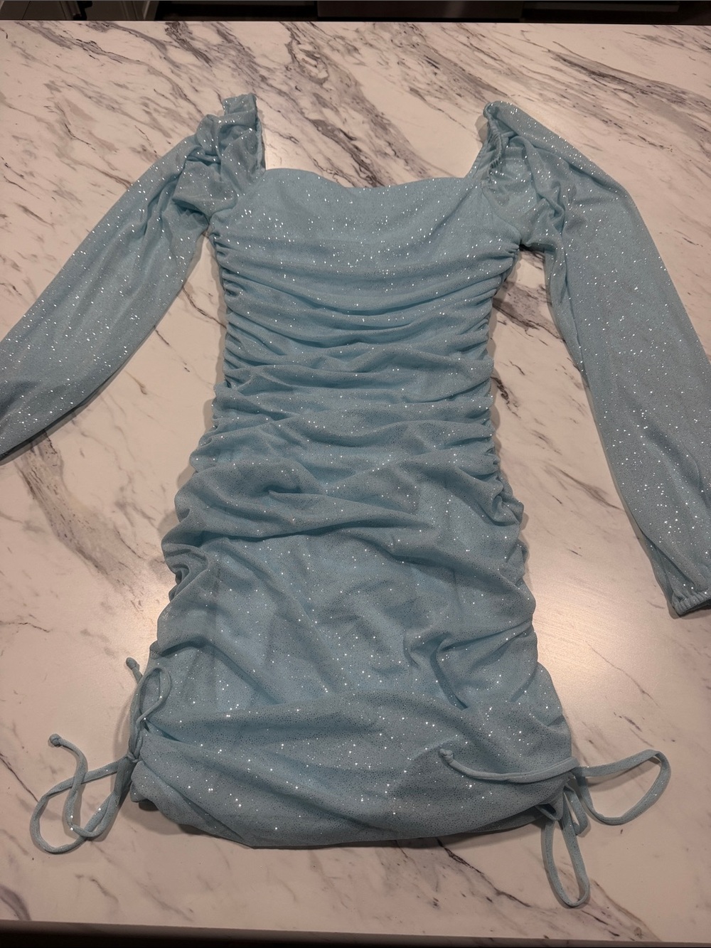 Jump Ice Blue Sparkle Ruched Long Sleeve Mini Dress